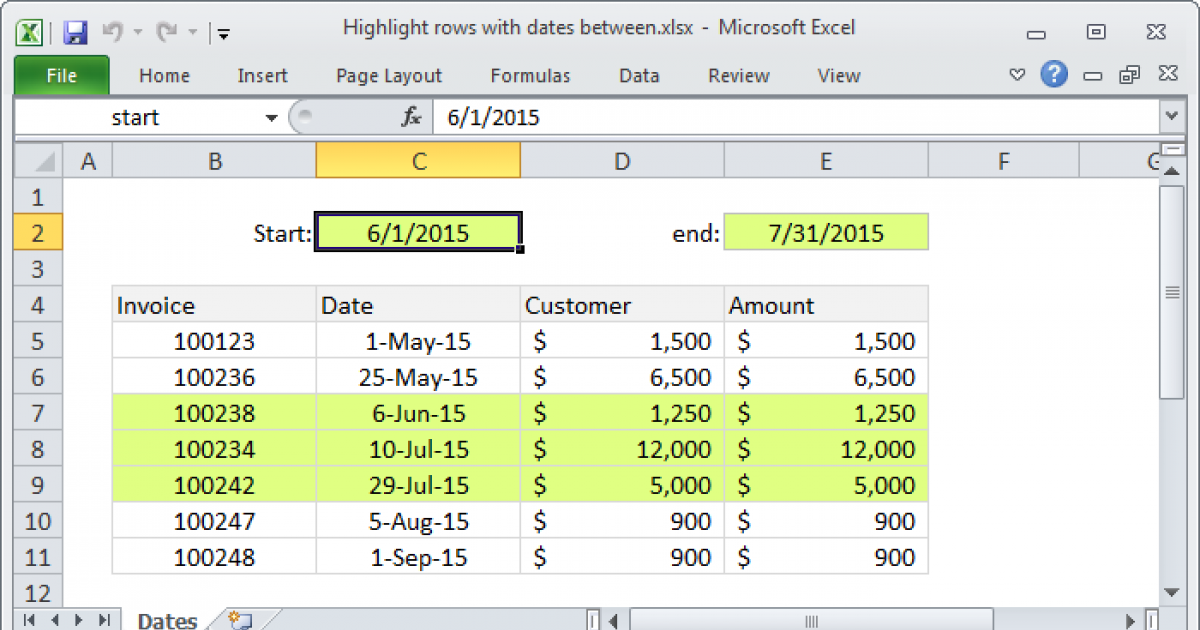 Highlight rows with dates between Excel formula Exceljet